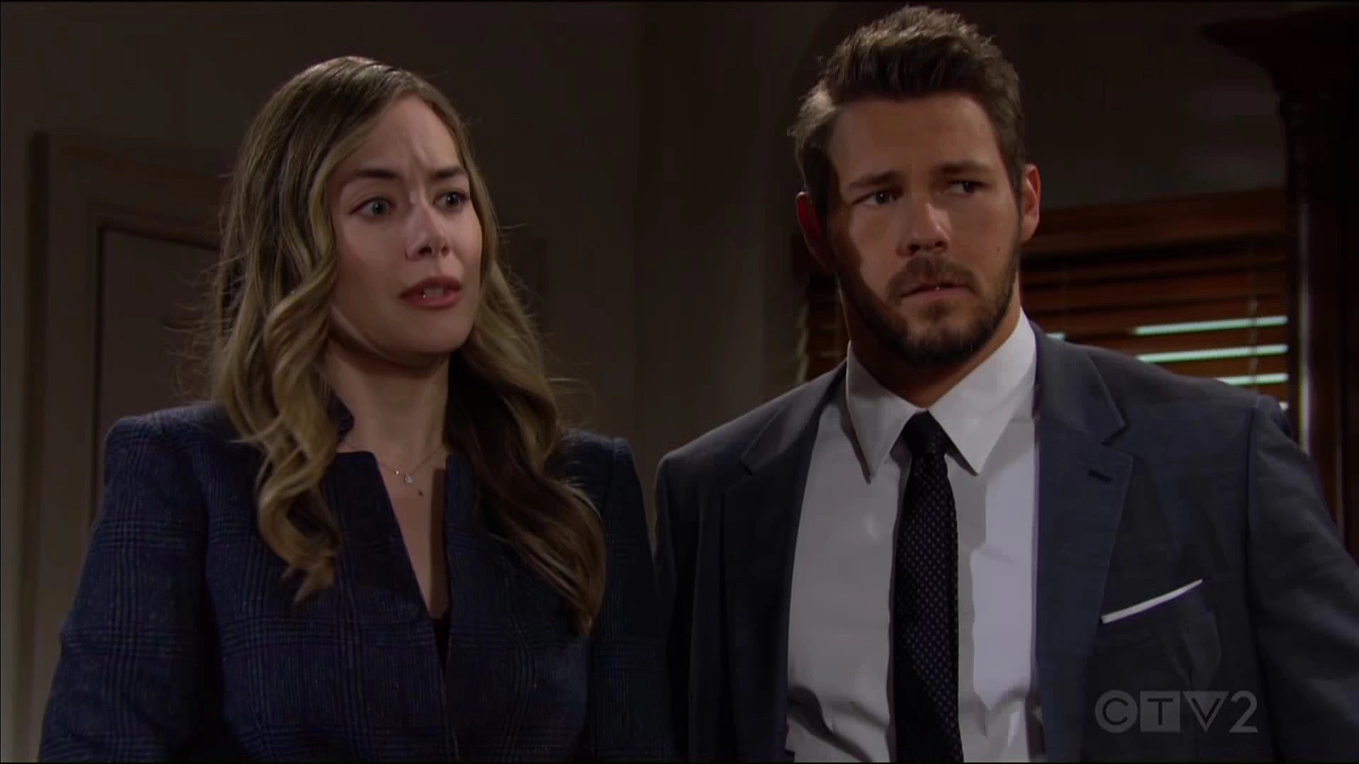 B&B/Hope (Annika Noelle) and Liam (Scott Clifton) are shocked with Douglas' decision